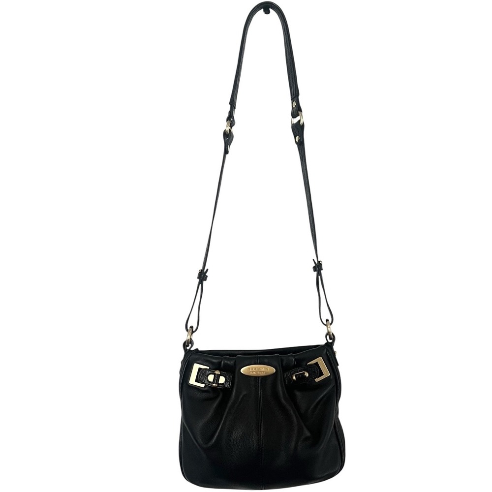 Brahmin Black Leather Shoulder Bag Crocodile Embossed Accents Gold Tone Hardware - Picture 3 of 10